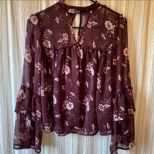 Floral Sheer Burgundy Blouse XS